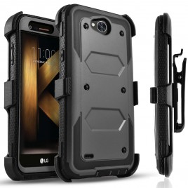 LG X Power 2 Case, [SUPER GUARD] Dual Layer Protection With [Built-in Screen Protector] Holster Locking Belt Clip+Circle(TM) Stylus Touch Screen Pen (Black)